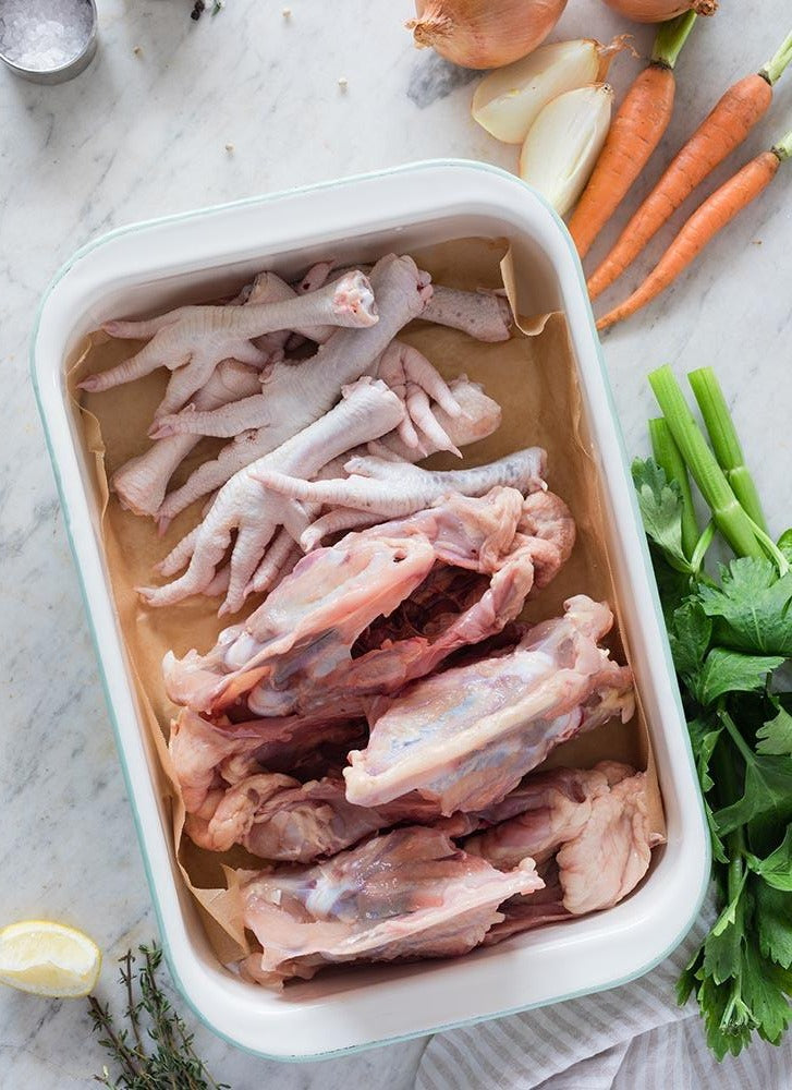 pasture raised organic chicken frames and feet to make chicken bone broth available for purchase from our online store.